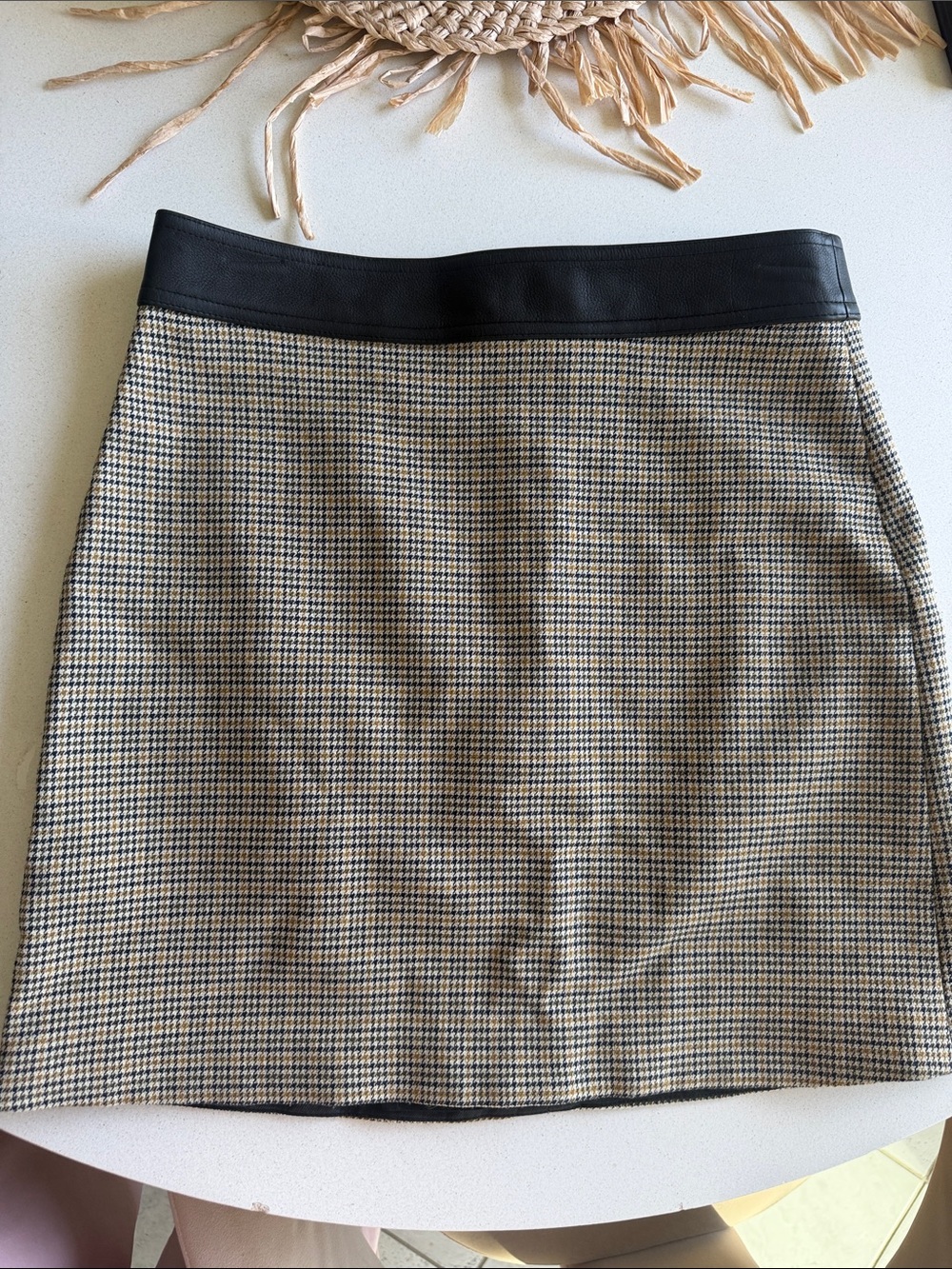 A.L.C. Classic Houndstooth Mini Skirt with Black Leather Waistband